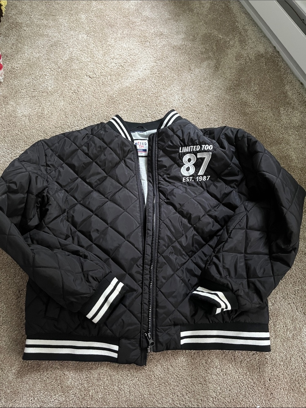 Limited Too Black Quilted Bomber Jacket with White Stripe Trim